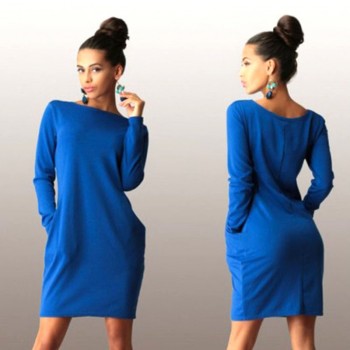 2018 New Solid Pockets Casual Loose Autumn Dress Womens O-Neck Long Sleeve Mini Bodycon Dresses vestidos
