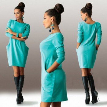 2018 New Solid Pockets Casual Loose Autumn Dress Womens O-Neck Long Sleeve Mini Bodycon Dresses vestidos