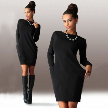 2018 New Solid Pockets Casual Loose Autumn Dress Womens O-Neck Long Sleeve Mini Bodycon Dresses vestidos