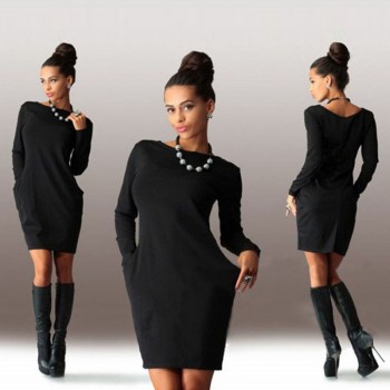2018 New Solid Pockets Casual Loose Autumn Dress Womens O-Neck Long Sleeve Mini Bodycon Dresses vestidos
