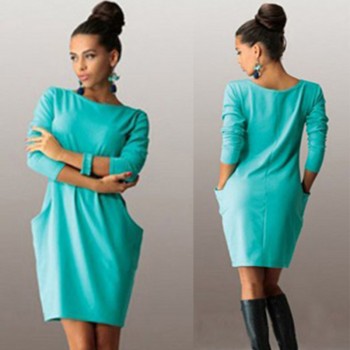2018 New Solid Pockets Casual Loose Autumn Dress Womens O-Neck Long Sleeve Mini Bodycon Dresses vestidos