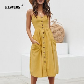 ELSVIOS Ladies Sexy Backless Beach Summer Dress Women Deep V Neck Buttons Female Spaghetti strap Pockets Midi Dresses Vestidos