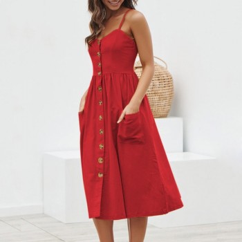 ELSVIOS Ladies Sexy Backless Beach Summer Dress Women Deep V Neck Buttons Female Spaghetti strap Pockets Midi Dresses Vestidos