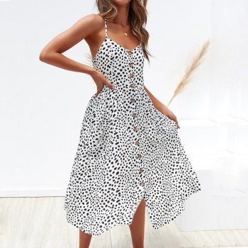 ELSVIOS Ladies Sexy Backless Beach Summer Dress Women Deep V Neck Buttons Female Spaghetti strap Pockets Midi Dresses Vestidos