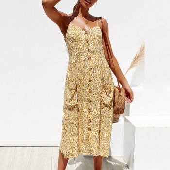 ELSVIOS Ladies Sexy Backless Beach Summer Dress Women Deep V Neck Buttons Female Spaghetti strap Pockets Midi Dresses Vestidos