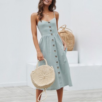 ELSVIOS Ladies Sexy Backless Beach Summer Dress Women Deep V Neck Buttons Female Spaghetti strap Pockets Midi Dresses Vestidos