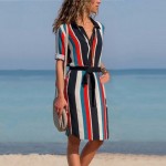 DeRuiLaDy Women Summer Striped Shirt Dress Ladies Casual Long Sleeve Loose Beach Dresses 2018 Autumn Fashion Print Dress Vestido