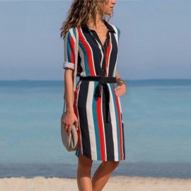 DeRuiLaDy Women Summer Striped Shirt Dress Ladies Casual Long Sleeve Loose Beach Dresses 2018 Autumn Fashion Print Dress Vestido