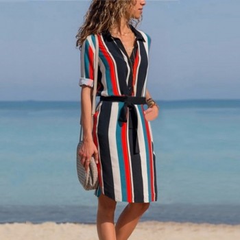 DeRuiLaDy Women Summer Striped Shirt Dress Ladies Casual Long Sleeve Loose Beach Dresses 2018 Autumn Fashion Print Dress Vestido