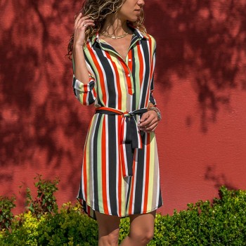 DeRuiLaDy Women Summer Striped Shirt Dress Ladies Casual Long Sleeve Loose Beach Dresses 2018 Autumn Fashion Print Dress Vestido