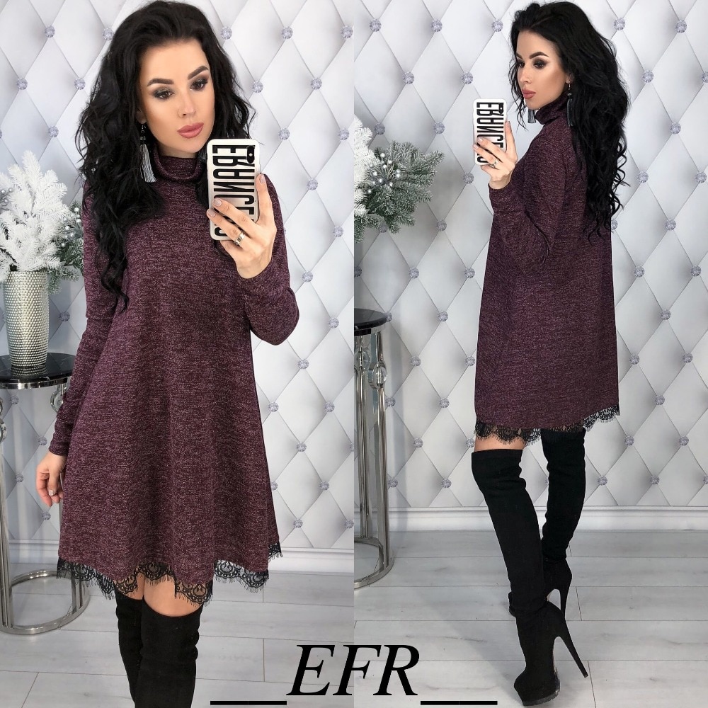 New Winter Spring Turtleneck A-line Lace Hem Long Sleeve Solid Causal Mini Dress Women Fashion Warm Elegant Dress Party Vestidos