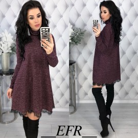 New Winter Spring Turtleneck A-line Lace Hem Long Sleeve Solid Causal Mini Dress Women Fashion Warm Elegant Dress Party Vestidos
