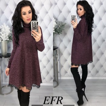 New Winter Spring Turtleneck A-line Lace Hem Long Sleeve Solid Causal Mini Dress Women Fashion Warm Elegant Dress Party Vestidos