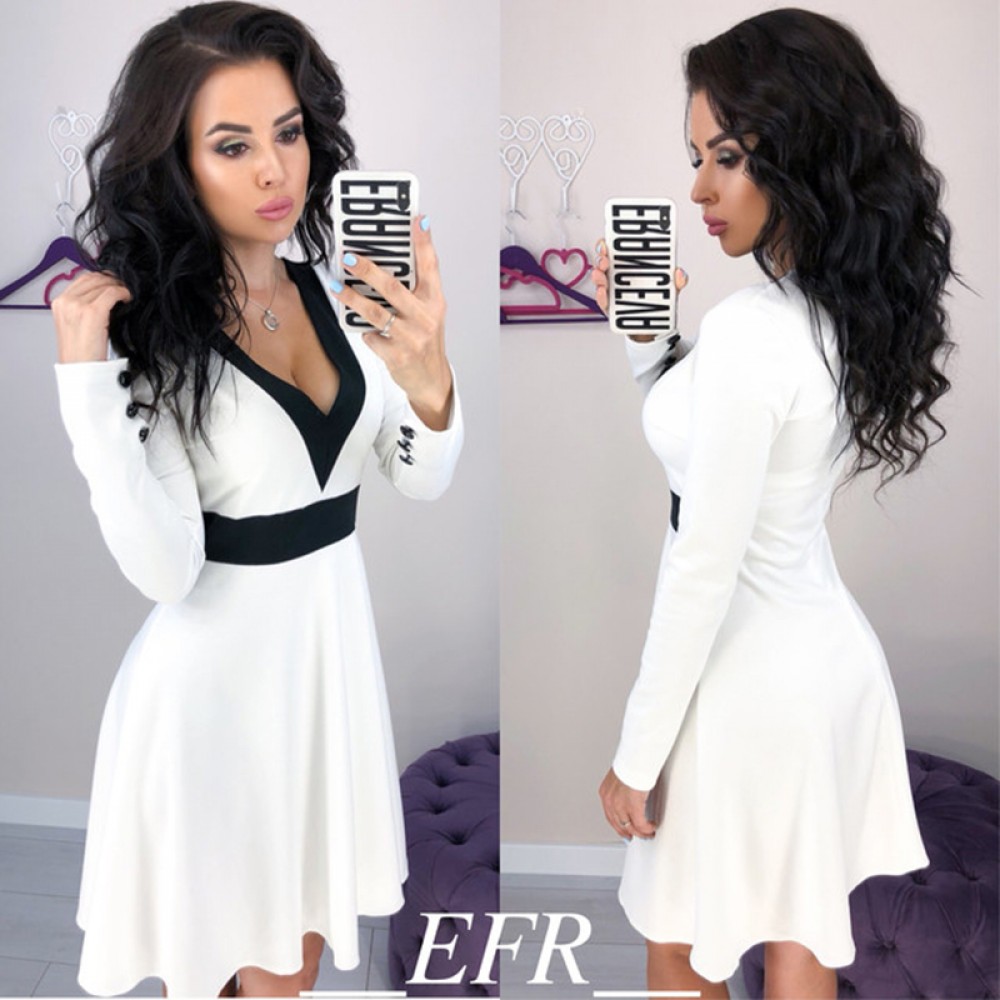 2018 Autumn Winter New Arrival Women Sexy V-Neck Full Sleeve Patchwork A-Line Dress Fall Fashion Elegant Crochet Mini Dress