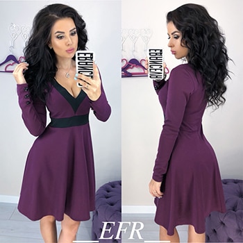 2018 Autumn Winter New Arrival Women Sexy V-Neck Full Sleeve Patchwork A-Line Dress Fall Fashion Elegant Crochet Mini Dress