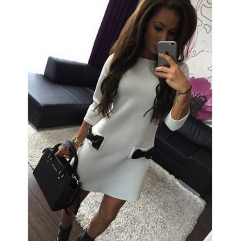 2019 new autumn seven-point sleeve dress ladies round neck side pocket white black red dress