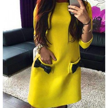 2019 new autumn seven-point sleeve dress ladies round neck side pocket white black red dress
