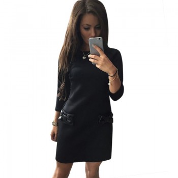 2019 new autumn seven-point sleeve dress ladies round neck side pocket white black red dress