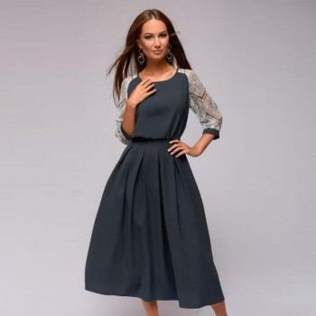 Women Casual Lace Patchwork A-Line Party Dress Lady Seven Sleeve O Neck Elegant Dress 2018 Vintage Autumn Winter Women Mid Dress