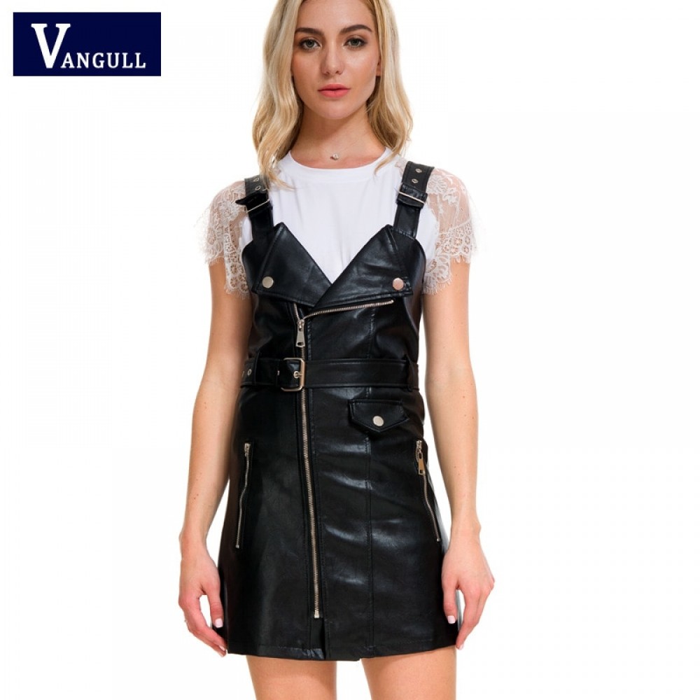 Vangull 2018 New Women Leather Dress Soft PU Faux Leather Dress V Nck Sexy Slim Retro Black Short Mini Dress vestido de festa