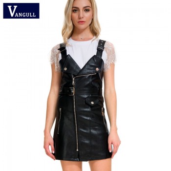 Vangull 2018 New Women Leather Dress Soft PU Faux Leather Dress V Nck Sexy Slim Retro Black Short Mini Dress vestido de festa