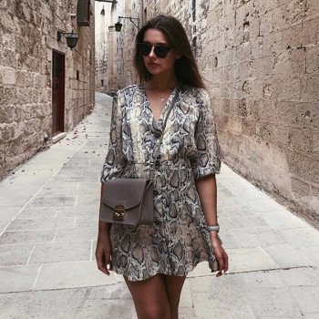 Women Sexy V-Neck Snakeskin Print Dress 2018 Autumn Button Half Sleeve Casual Loose Dress Vintage Party Mini Dresses Vestidos