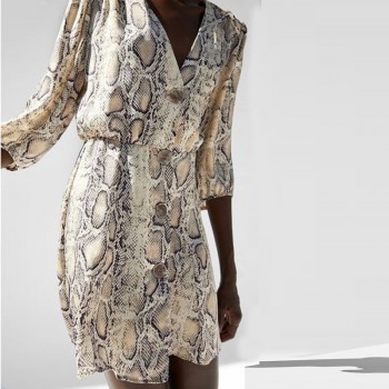 Women Sexy V-Neck Snakeskin Print Dress 2018 Autumn Button Half Sleeve Casual Loose Dress Vintage Party Mini Dresses Vestidos