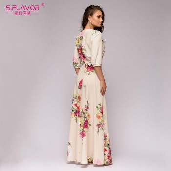 S.FLAVOR Spring Summer vestidos de festa Hot sale O-neck half lantern sleeve long dress for female Elegant Bohemian women dress