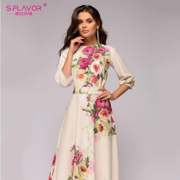 S.FLAVOR Spring Summer vestidos de festa Hot sale O-neck half lantern sleeve long dress for female Elegant Bohemian women dress