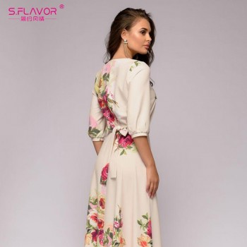 S.FLAVOR Spring Summer vestidos de festa Hot sale O-neck half lantern sleeve long dress for female Elegant Bohemian women dress