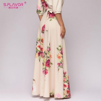 S.FLAVOR Spring Summer vestidos de festa Hot sale O-neck half lantern sleeve long dress for female Elegant Bohemian women dress