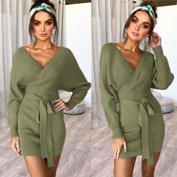 2019 new ladies winter long-sleeved belt dress autumn sexy V-neck blue army green gray black knit dress