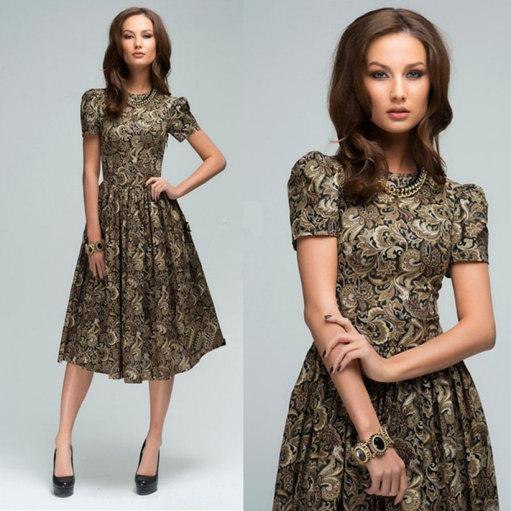 women autumn knee-length dress Hot sale O-neck shirt sleeve printing A-Line dress with ruffles Elegant women Summer vestidos