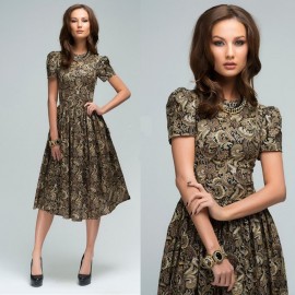 women autumn knee-length dress Hot sale O-neck shirt sleeve printing A-Line dress with ruffles Elegant women Summer vestidos