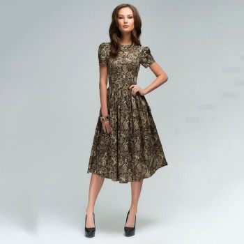 women autumn knee-length dress Hot sale O-neck shirt sleeve printing A-Line dress with ruffles Elegant women Summer vestidos