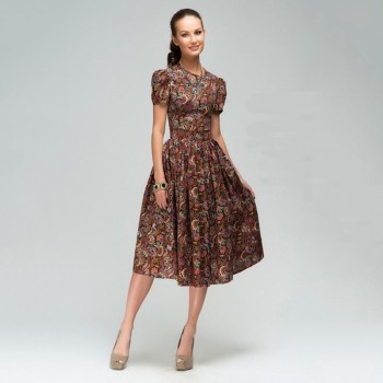 women autumn knee-length dress Hot sale O-neck shirt sleeve printing A-Line dress with ruffles Elegant women Summer vestidos