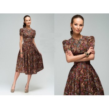 women autumn knee-length dress Hot sale O-neck shirt sleeve printing A-Line dress with ruffles Elegant women Summer vestidos
