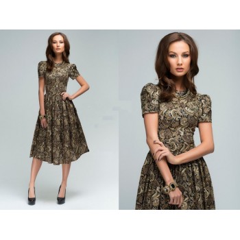 women autumn knee-length dress Hot sale O-neck shirt sleeve printing A-Line dress with ruffles Elegant women Summer vestidos