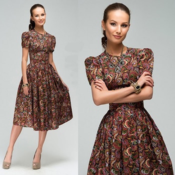 women autumn knee-length dress Hot sale O-neck shirt sleeve printing A-Line dress with ruffles Elegant women Summer vestidos