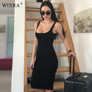 WIXRA Basic Vest Dress Women Back Split Dress 2018 Summer New Fashion Sleeveless Vest Tanks Slim Bodycon Strap Party Dresses