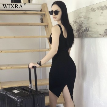 WIXRA Basic Vest Dress Women Back Split Dress 2018 Summer New Fashion Sleeveless Vest Tanks Slim Bodycon Strap Party Dresses