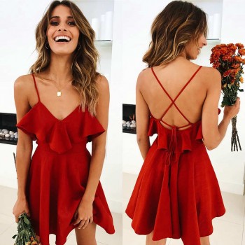 Lossky Summer Sexy Dress Womens 2018 Backless Cross Drawstring Ruffles Bundle Waist V-neck Strap Mini Dress Summer Red Vintage