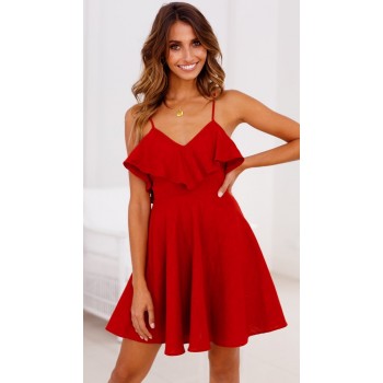 Lossky Summer Sexy Dress Womens 2018 Backless Cross Drawstring Ruffles Bundle Waist V-neck Strap Mini Dress Summer Red Vintage
