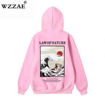 WZZAE Japanese Embroidery Funny Cat Wave Printed Fleece Hoodies 2018 Winter Japan Style Hip Hop Casual Sweatshirts Streetwear