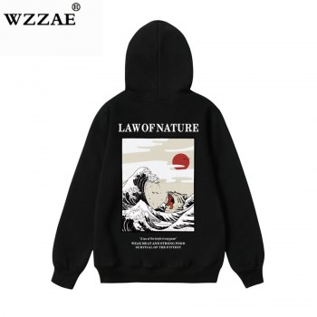 WZZAE Japanese Embroidery Funny Cat Wave Printed Fleece Hoodies 2018 Winter Japan Style Hip Hop Casual Sweatshirts Streetwear