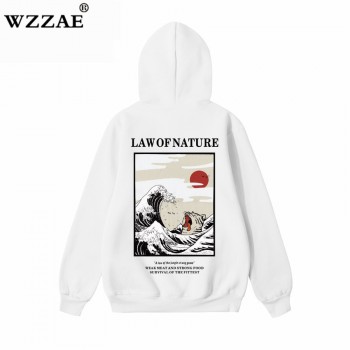 WZZAE Japanese Embroidery Funny Cat Wave Printed Fleece Hoodies 2018 Winter Japan Style Hip Hop Casual Sweatshirts Streetwear