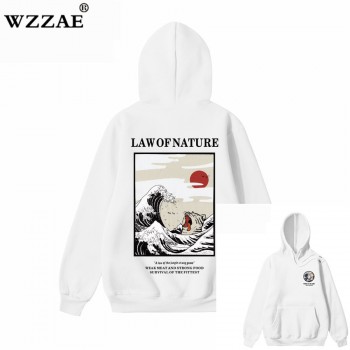 WZZAE Japanese Embroidery Funny Cat Wave Printed Fleece Hoodies 2018 Winter Japan Style Hip Hop Casual Sweatshirts Streetwear