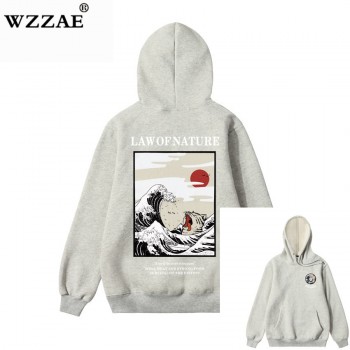 WZZAE Japanese Embroidery Funny Cat Wave Printed Fleece Hoodies 2018 Winter Japan Style Hip Hop Casual Sweatshirts Streetwear