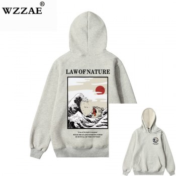 WZZAE Japanese Embroidery Funny Cat Wave Printed Fleece Hoodies 2018 Winter Japan Style Hip Hop Casual Sweatshirts Streetwear