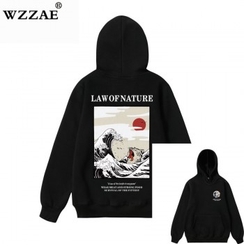 WZZAE Japanese Embroidery Funny Cat Wave Printed Fleece Hoodies 2018 Winter Japan Style Hip Hop Casual Sweatshirts Streetwear
